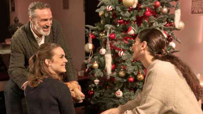 père, fille, mère et chien à côté d’un arbre de Noël décoré.