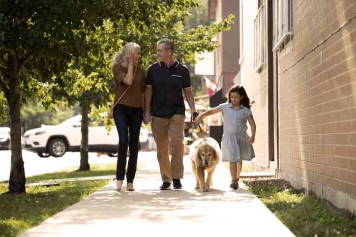 Famille marchant dans la rue avec un chien
